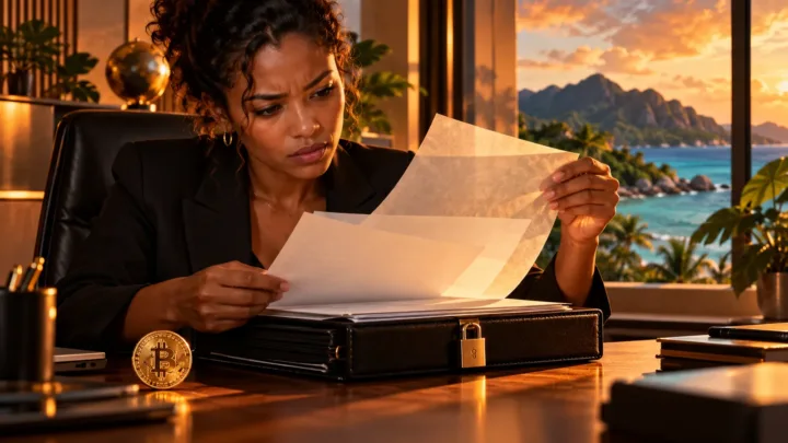 Une juriste seychelloise examine un certificat vierge et un dossier sous une lumière orange, sans sceau officiel.