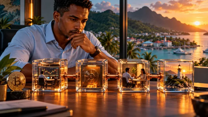 Un analyste seychellois étudie quatre modules transparents reliés entre eux dans un bureau contemporain.