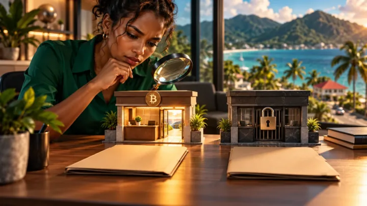 Une cliente seychelloise inspecte deux comptoirs miniatures et leurs dossiers à l’aide d’une loupe.