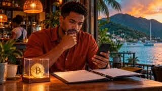 Un commerçant seychellois compare son téléphone et un dossier contractuel dans un café près de Victoria.