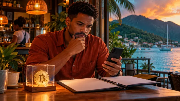 Un commerçant seychellois compare son téléphone et un dossier contractuel dans un café près de Victoria.