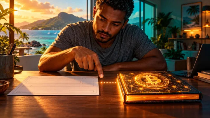Um usuário das Seychelles compara um comprovante bancário em branco e um registro de Bitcoin separados por um pequeno espaço.