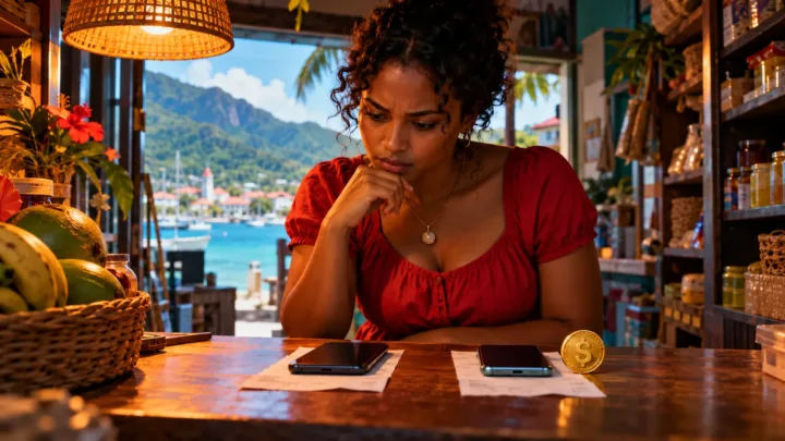 A Seychellois shopkeeper compares two phones and blank receipts on her counter.
