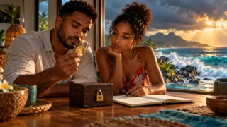 Un couple seychellois compare un jeton dollar, un coffre et son carnet de budget près d’une fenêtre sur la mer.