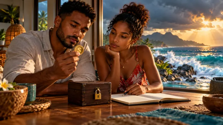 Un couple seychellois compare un jeton dollar, un coffre et son carnet de budget près d’une fenêtre sur la mer.