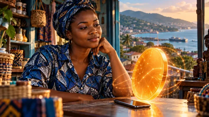Une entrepreneuse observe un jeton lumineux conceptuel et son téléphone dans une boutique côtière de Freetown.