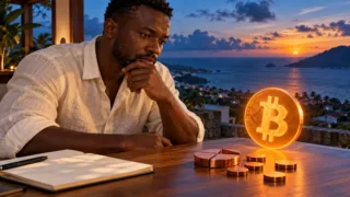 A man examines a glowing Bitcoin symbol beside a notebook in an office overlooking coastal hills.