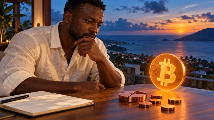 A man examines a glowing Bitcoin symbol beside a notebook in an office overlooking coastal hills.