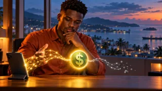 Un jeune professionnel observe un symbole dollar conceptuel et deux chemins numériques près de son téléphone.