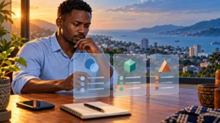 Un entrepreneur compare trois fiches neutres et un téléphone sur son bureau près d’une fenêtre côtière.