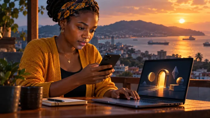 Une jeune femme consulte son téléphone et un ordinateur avec des symboles crypto abstraits sans marque.