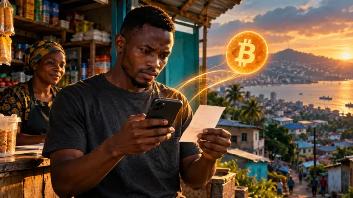 Un client compare un reçu neutre et son téléphone à un comptoir près d’un symbole Bitcoin conceptuel.