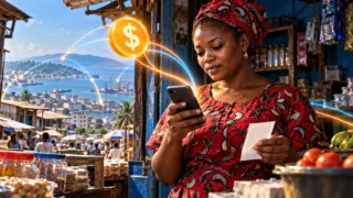 Une commerçante vérifie un téléphone et un reçu près d’un symbole dollar abstrait dans une boutique de Freetown.