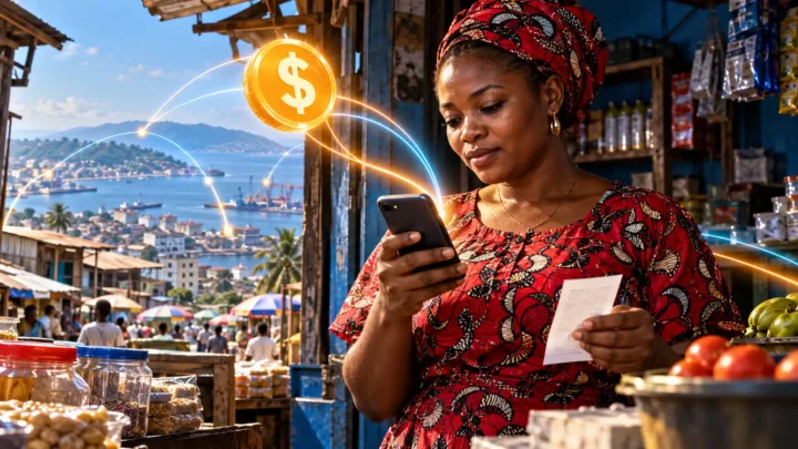 Une commerçante vérifie un téléphone et un reçu près d’un symbole dollar abstrait dans une boutique de Freetown.