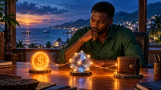Un homme compare trois objets conceptuels représentant un dollar, un réseau et un portefeuille dans un bureau côtier.