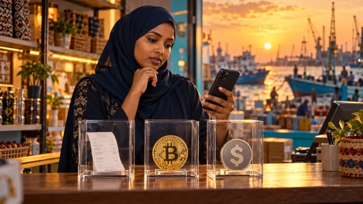 Une entrepreneuse somalienne compare un paiement mobile, un symbole Bitcoin et un jeton dollar sur son comptoir.