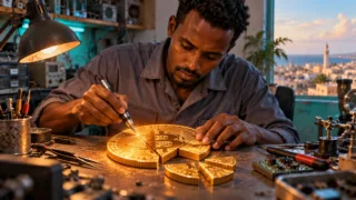 Un technicien somalien examine les petites fractions d’un disque Bitcoin lumineux sur son établi.