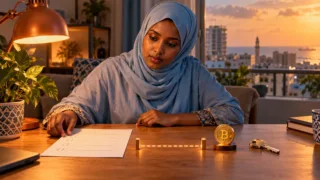 A Somali woman prepares an order, a key and a Bitcoin symbol on her desk.