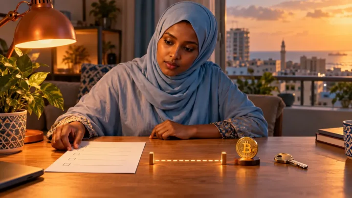 A Somali woman prepares an order, a key and a Bitcoin symbol on her desk.