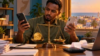 Un comptable somalien compare deux téléphones et un jeton dollar sur une balance.