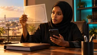 A Somali female lawyer examines a blank transparent certificate beside a phone.