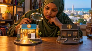 Une commerçante somalienne examine deux comptoirs miniatures dont les sorties diffèrent.