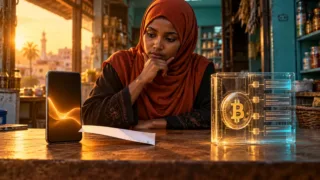 Uma comerciante somali compara um telefone e um registro de Bitcoin separados por um espaço.
