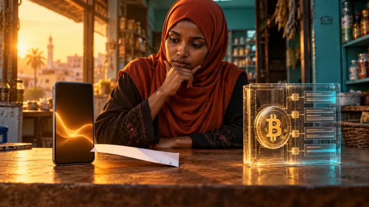 Uma comerciante somali compara um telefone e um registro de Bitcoin separados por um espaço.