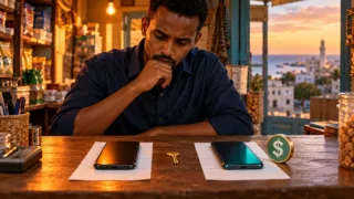 A Somali merchant compares two separate phones, a dollar token and a key.