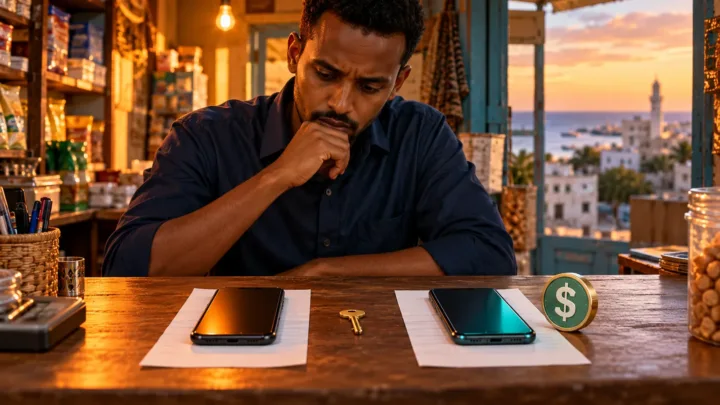 A Somali merchant compares two separate phones, a dollar token and a key.