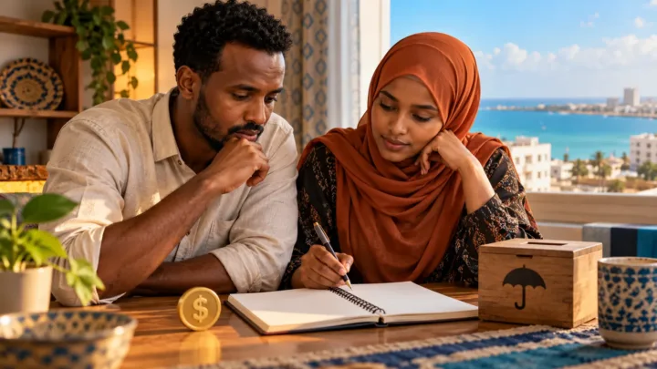 Un couple somalien examine un carnet de budget, un jeton dollar et une réserve d’urgence.