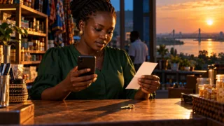 Une commerçante sud-soudanaise compare un téléphone, un reçu et une clé sur son comptoir.