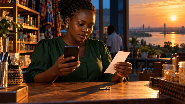 Une commerçante sud-soudanaise compare un téléphone, un reçu et une clé sur son comptoir.