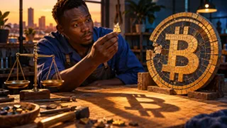 Un artisan sud-soudanais examine les fragments d’un disque Bitcoin près d’une balance.