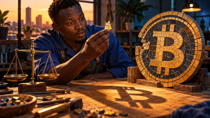 Un artisan sud-soudanais examine les fragments d’un disque Bitcoin près d’une balance.