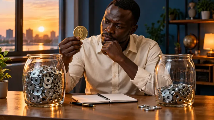 Un comptable sud-soudanais examine un jeton dollar et deux récipients de volumes différents.