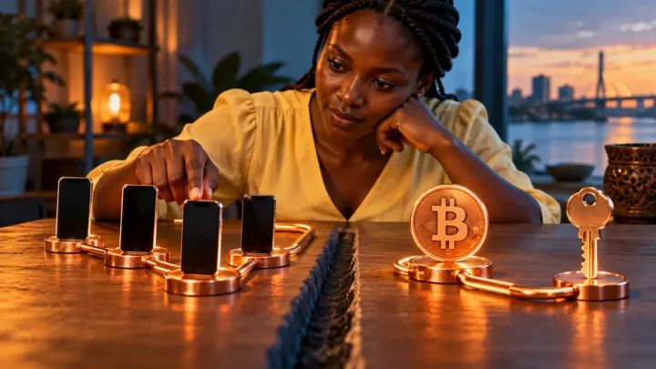 Mtumiaji kutoka Sudan Kusini akiangalia njia mbili tofauti kati ya simu na diski ya Bitcoin.