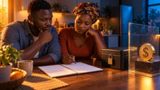 Un couple sud-soudanais compare un jeton dollar à une réserve domestique conservée séparément.
