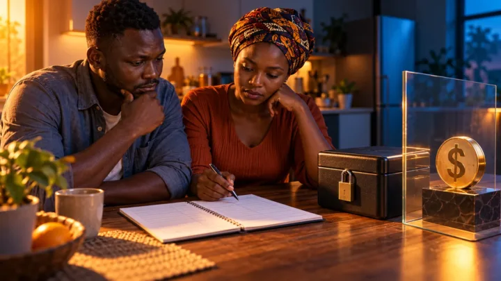 Un couple sud-soudanais compare un jeton dollar à une réserve domestique conservée séparément.