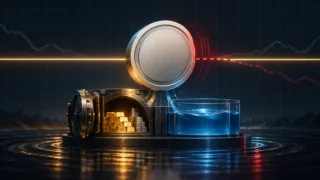 Pièce stablecoin stylisée désalignée de son repère monétaire au-dessus d’un marché liquide