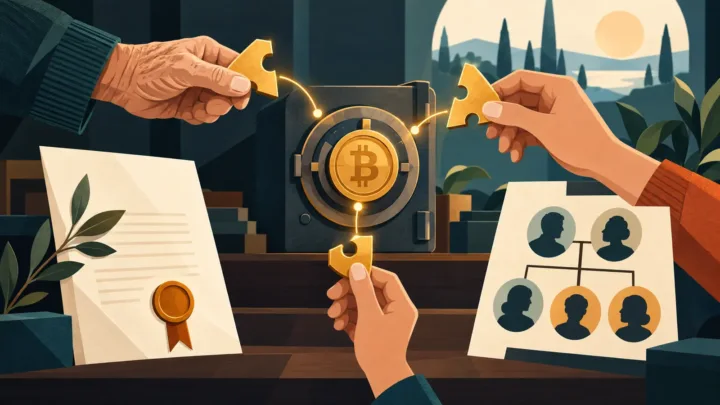 Passage stylisé d’un accès Bitcoin entre deux générations avec plusieurs clés