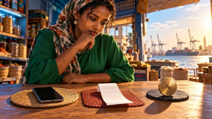 Une commerçante soudanaise examine des objets financiers séparés sur un comptoir.
