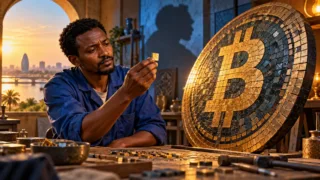 Un artisan soudanais compare une petite fraction de Bitcoin à un grand disque.