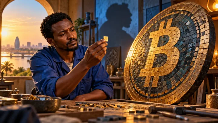 Un artisan soudanais compare une petite fraction de Bitcoin à un grand disque.