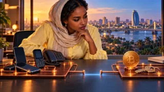 Uma usuária sudanesa observa dois fluxos separados entre telefones e Bitcoin.