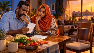 Two Sudanese relatives compare a receipt with household expenses.