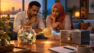 A Sudanese couple examines a dollar-pegged token beside two separate reserves.