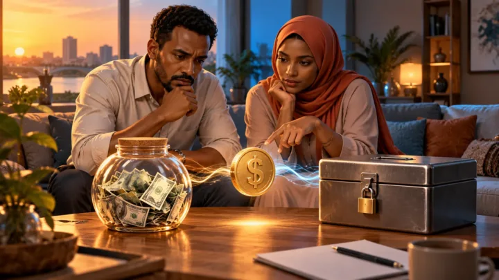 A Sudanese couple examines a dollar-pegged token beside two separate reserves.