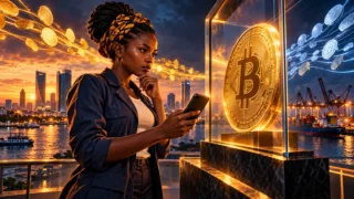Professionnelle tanzanienne observant une pièce Bitcoin lumineuse devant Dar es Salaam