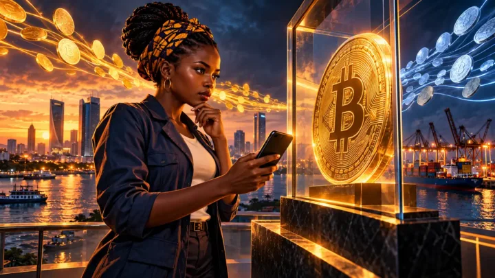 Professionnelle tanzanienne observant une pièce Bitcoin lumineuse devant Dar es Salaam